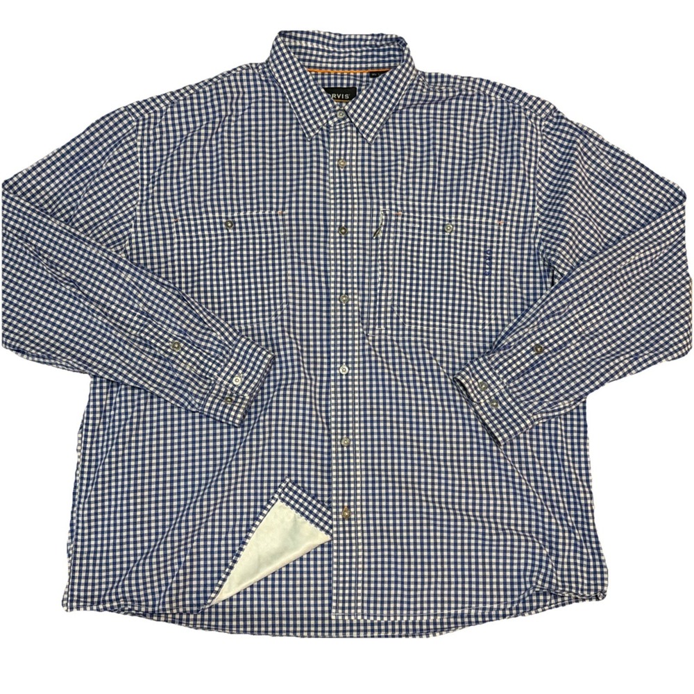 Orvis Active Fit Shirt Mens XL Blue Gingham Check Long Sleeve Lightweight Button